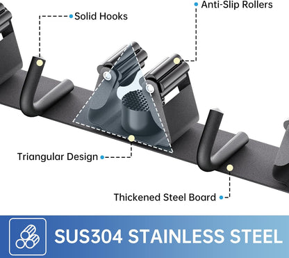 ZONGOOL 2 Pack Mop Broom Holder Wall Mount, Broom Organizer Storage Tool Racks Stainless Steel Self Adhesive Heavy Duty Hooks for Home Kitchen Garden (3 Racks with 4 Hooks, Black)