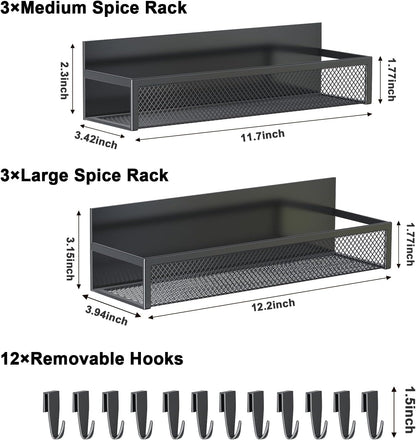 Magnetic Spice Rack for Refrigerator, 6 Pack Magnetic Shelf, Fridge Magnet Organizer with Moveable 12 Hooks, Magnetic Fridge Shelf for Kitchen Organization and Storage (6 Pack)