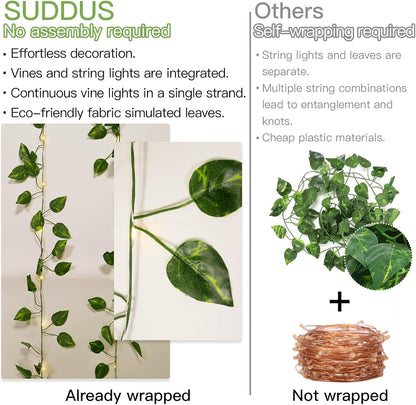 suddus Vine with Fairy Lights Battery Operated, 13.1ft 40 LED Pothos String Lights with Remote, Leaf Lights for Bedroom, Room, Wall, Garden, Party, Wedding Decor(Warm White)