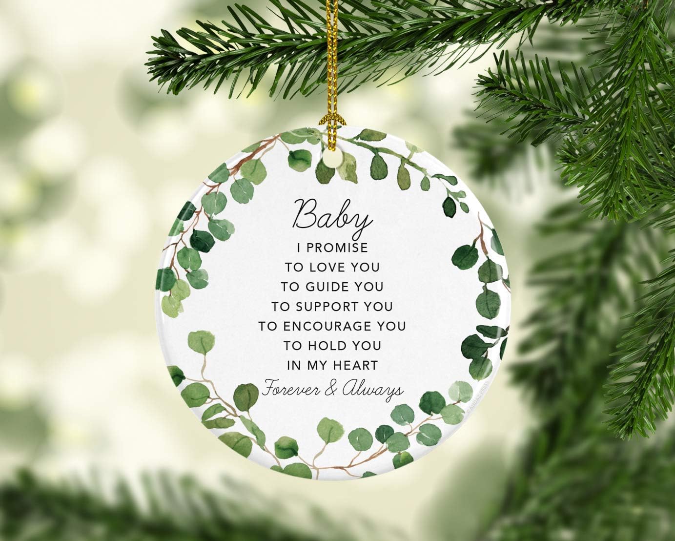 Andaz Press Round Ceramic Porcelain Christmas Tree Ornament Gift, Baby I Promise to Love You, Farmhouse Eucalyptus Wreath, 1-PackGirl's Grandchild Niece Birthday Ideas