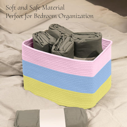 Hopegiver Woven Storage Baskets 15x11x10 Inch, 1 Pack Collapsible Cube Storage Bin for Shelves - Foldable Cotton Rope Organizer Bins for Towels, Toys, Books, Closet, Nursery (Pink Blue Yellow)