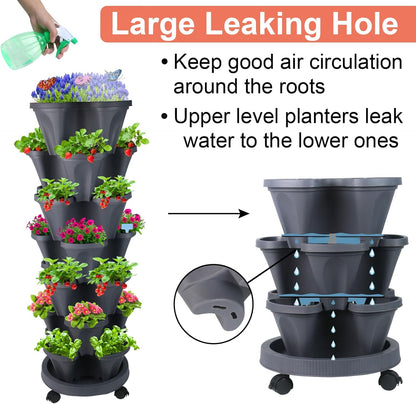 DUNCHATY Stackable Planter, Vertical Strawberry Planter with Garen Tool Set, Self Watering Garden Planter Indoor/Outdoor 7 Tier Herb Planter Pots for Growing Vegetables and Succulents, Dark Gray