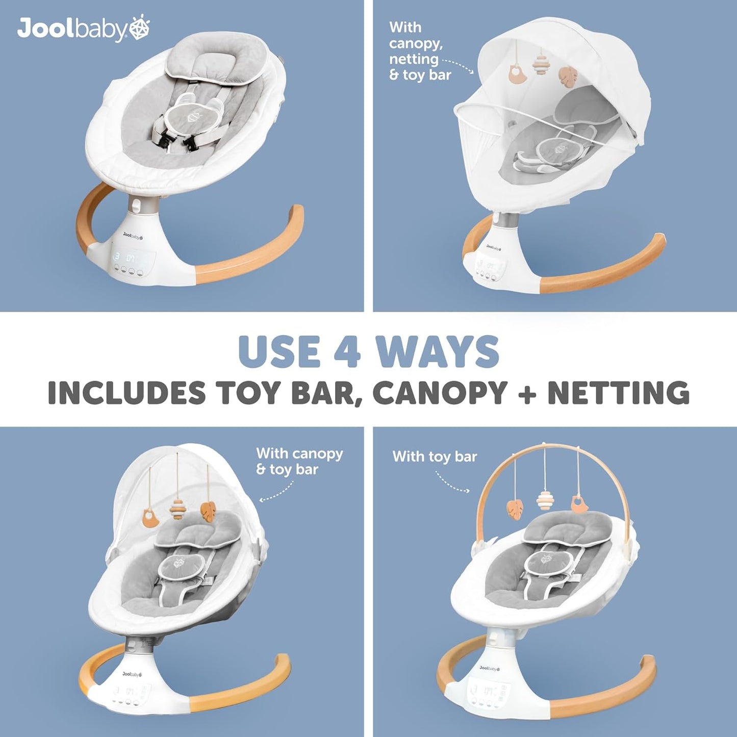 Jool Baby Nova Nature Baby Swing for Newborns – Natural Wood Toys, Electric Motorized Infant Swing, Bluetooth Music