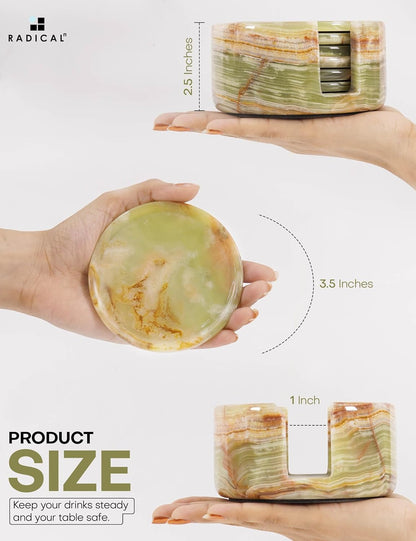 Marble Coasters Set of 6 Green Onyx 3.5 Inch Round Coaster for Drinks with Holder, Drink Coaster for Tabletop & Coffee Table Decor, Ideal Home Decor House Warming Gifts