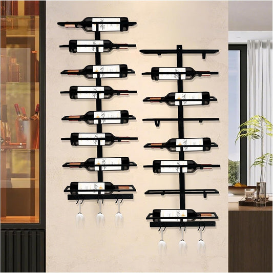 16 Bottle Wall Mount Wine Rack with Wine Glass Holder, Metal Wine Wall Rack, Wall Racks for Wine Bottles Display and Storage, Hanging Bottle Organizer for Living Dining Room Wine Cellar Bar (Black)