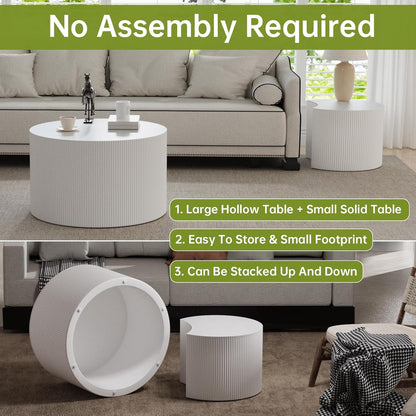 Round Nesting Coffee Table Modern White Fluted Coffee Table Set of 2 for Living Room Circle Drum Coffee Tables Round Nesting Tables Crescent Side Accent End Table for Small Space (White A 27in)