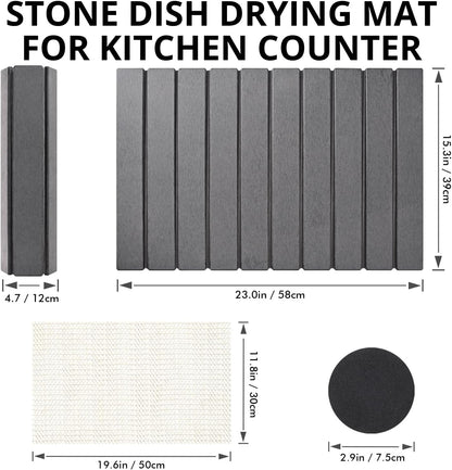 Large Stone Dish Drying Mats for Kitchen Counter, Foldable Quick Drying Mats, Eco-Friendly, diatomaceous earth bath mat, tapete de piedra absorbente para cocina 24" L x 16" W Inches (DARK GREY, LARGE)