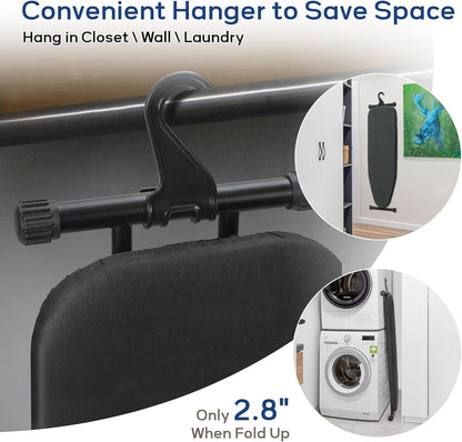 Ironing Board 43x13 with Iron Rest, RAINHOL Compact Iron Board Full Size with Thick Cover and Pad, Easy Storage Hanger with Heat-Resistant Silicone Pad, Space Saving and Height Adjustable, Black