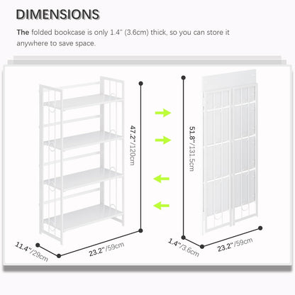 4NM No Assembly 4 Tiers Folding Bookshelf, 47.2" H Foldable Storage Shelves Vintage Bookcase Standing Racks Study Organizer Home Office - All White