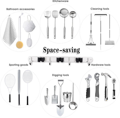 3 Racks and 4 Hooks Broom and Mop Holder Wall Mounted Garage Organizer Storage Tool Racks Stainless Steel Heavy Duty Hooks Self Adhesive Solid Non-slip Wall Hangers for Home Kitchen Garden Laundry