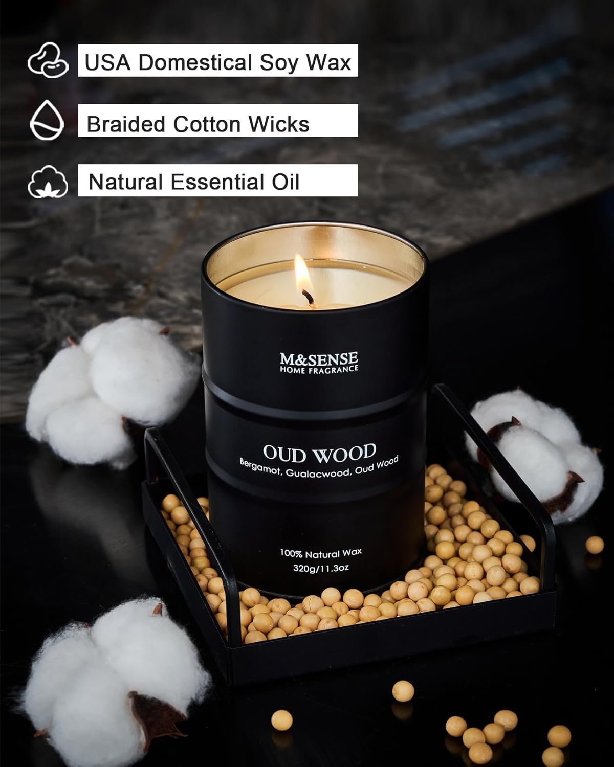 M&SENSE Oud Wood Scented Candles Natural Soy Wax, 11.3oz Long Lasting Up to 70 Hours Burning Time, Unique Candle Gifts for Men Women