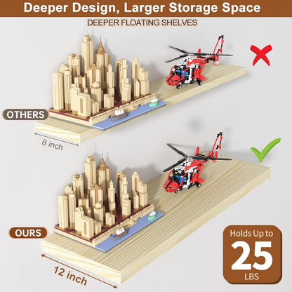 12 Inch Deep Floating Shelves for Wall 3 Pack Floating Shelves Large Storage Space Wall Mount Shelf for Living Room Kitchen Bathroom 24" W x 12" D x 1.2" H Oak