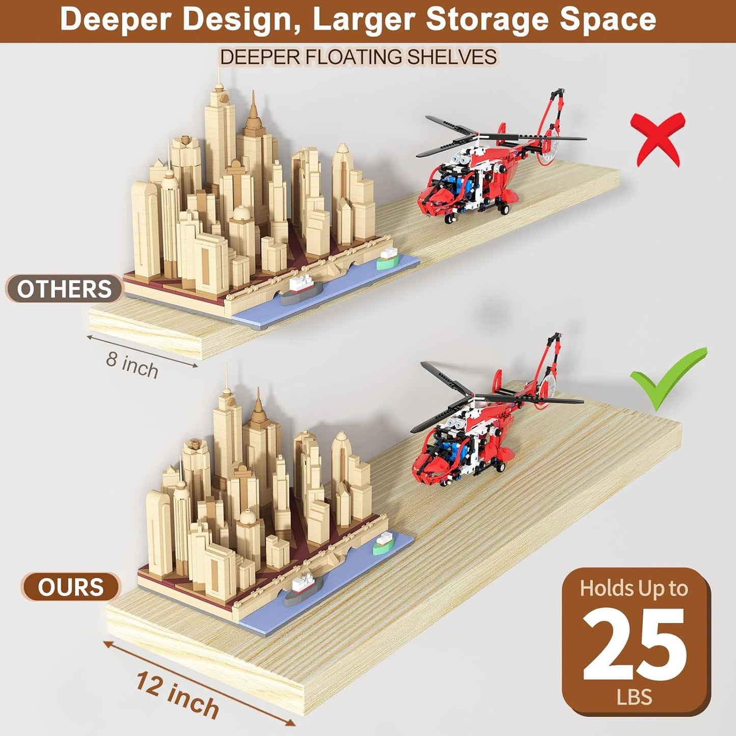 40 Inch Floating Shelf 2 Pack Large Floating Shelves for Wall No Drilling Accessories Included Deep Wall Shelves for Living Room Kitchen Farmhouse 40" W x 12" D x 1.2" Oak