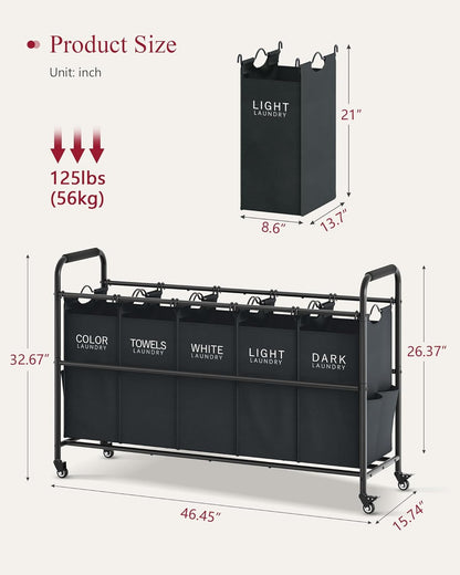 Tajsoon 5 Bag Laundry Sorter Cart, 5 Section Laundry Hamper with Heavy Duty Rolling Lockable Wheels, Laundry Basket Organizer with Removable Bags for Dirty Clothes Storage, Black