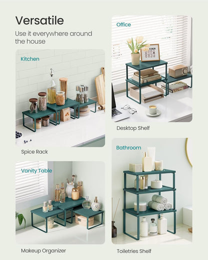 SONGMICS Cabinet Organizer Shelf, Set of 3 Kitchen Counter Shelves, Kitchen Storage, Spice Rack, Stackable, Expandable, Cascade Green UKCS220C01V1
