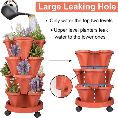 DUNCHATY Stackable Planters 4 Tier Vertical Garden Planting Tower Planters Strawberry, Herb, Flower, and Vegetable Planter Indoor Outdoor Gardening Pots with Removable Wheels and Tools, 2 Bundle