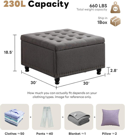 Tbfit Large Square Storage Ottoman Bench, Tufted Upholstered Coffee Table with Storage, Oversized Storage Ottomans Toy Box Footrest for Living Room, Dark Grey