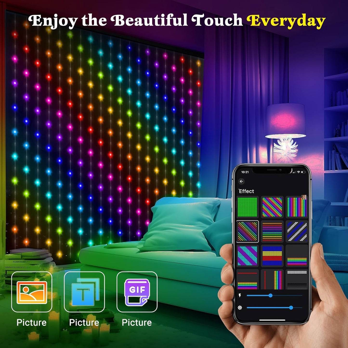 Smart Curtain Lights 400 LED, Color Changing LED Curtain Lights 6.6 * 6.6 FT, Dynamic DIY Fairy String Light Curtains for Bedroom Backdrop Party Indoor Outdoor Decor (APP +Remote Control)