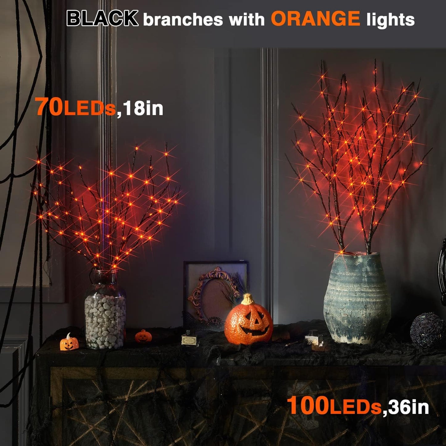 Fudios Halloween Lighted Branches with Timer 100 LED Orange Fairy Lights 32IN, Black Tree Branch Lights Battery Operated for Home Party Mantle Decoration