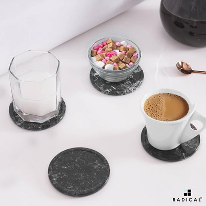 Marble Coasters Set of 6 Black 3.5 Inch Round Coaster for Drinks with Holder, Drink Coaster for Tabletop & Coffee Table Decor, Ideal Home Decor House Warming Gifts