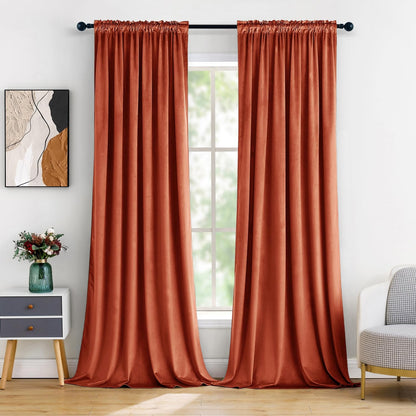 MIULEE Burnt Orange Velvet Curtains Thermal Insulated Blackout Curtain Fall Drapes for Bedroom Living Room Darkening 96 Inches Long Rust Terracotta Panels Rod Pocket Set of 2