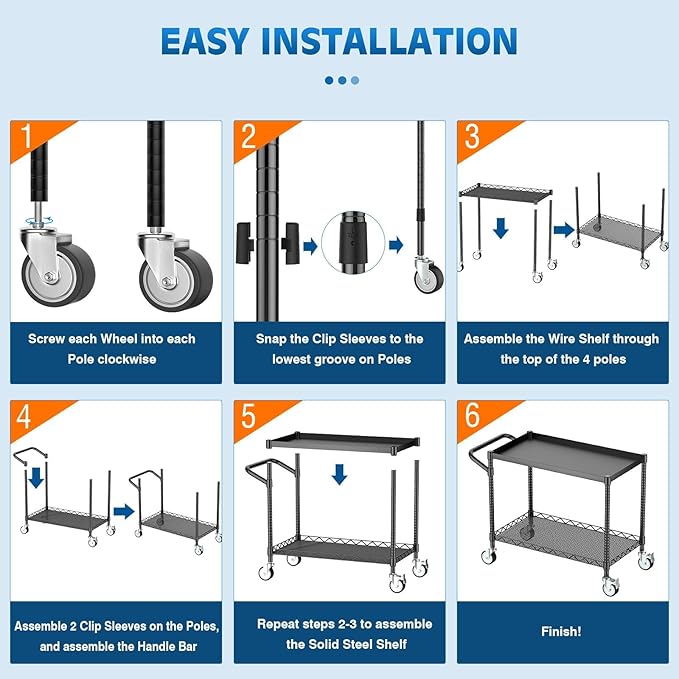 Leteuke 2 Tier Utility Cart with Wheels, NSF Certified 900LBS Capacity Heavy Duty Rolling Utility Carts with Handle Bar, Commercial Grade Metal Serving Storage Cart for Warehouse Garage Kitchen, Black