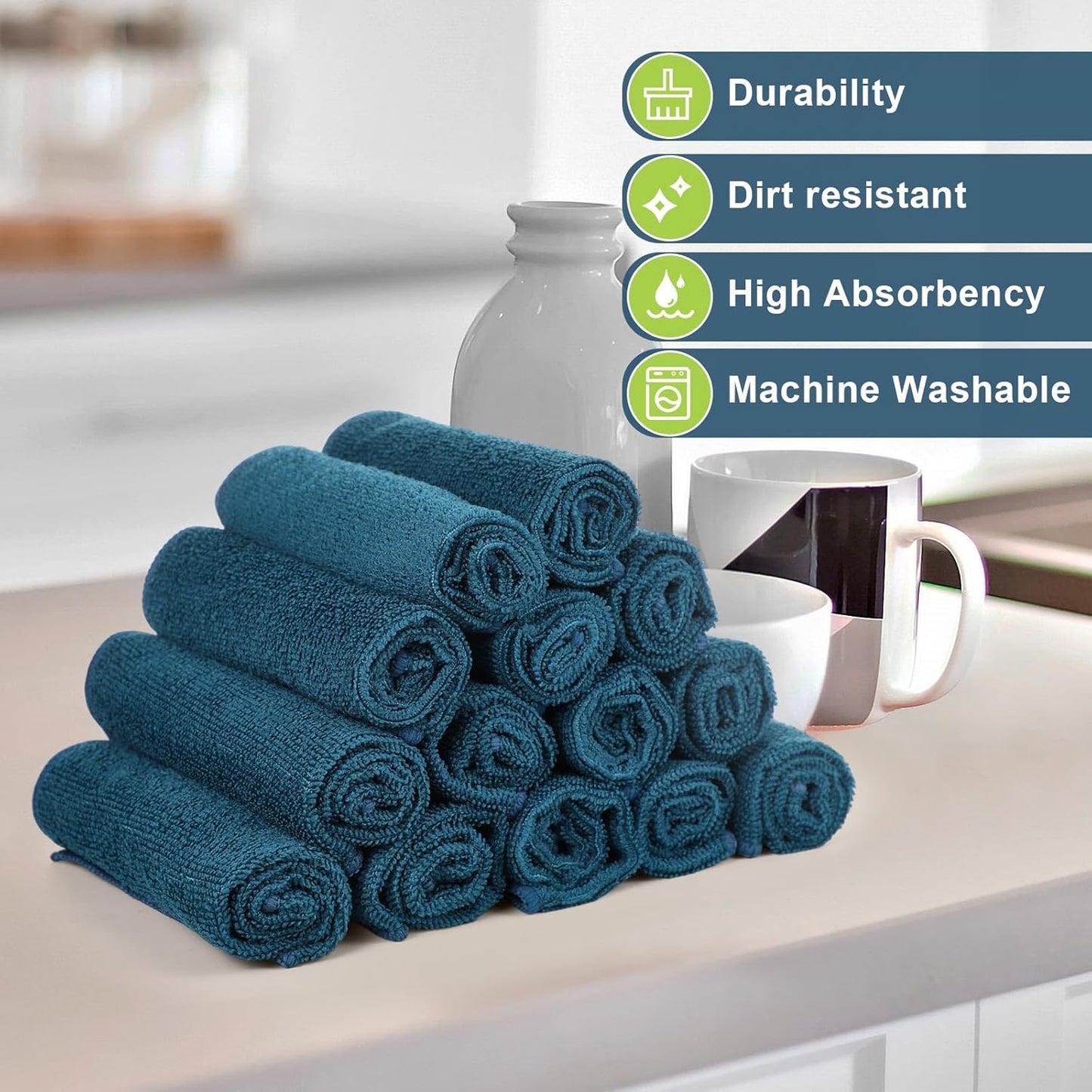 Tenare 100 Count12'' x 12'' Microfiber Cleaning Cloths Reusable Cleaning Rags Bulk Microfiber Towels Softer Highly Absorbent Washcloths for House Kitchen Car Window(Teal)