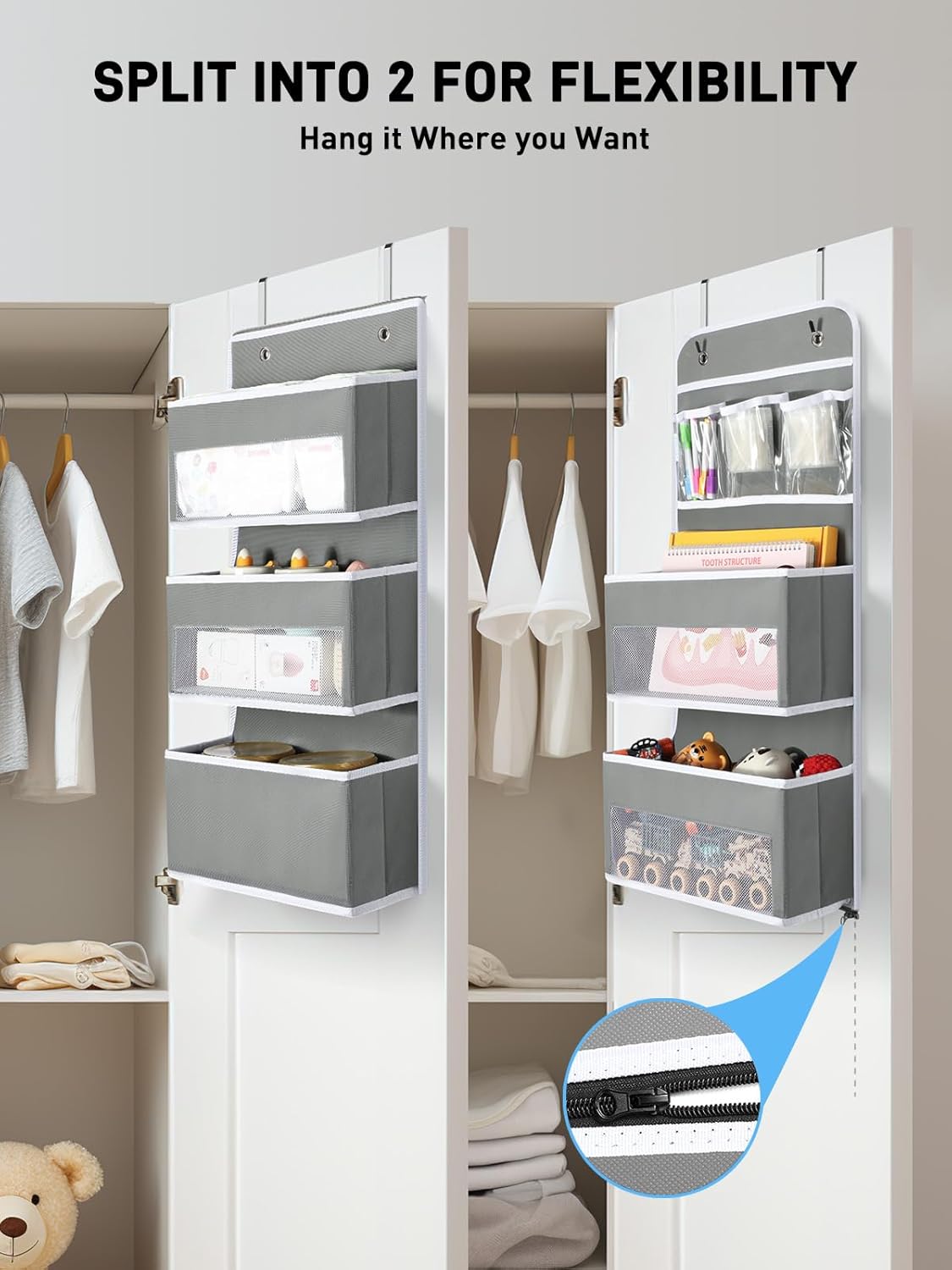 Yecaye 6-Tier Over the Door Storage Organizer, Flexible 1 Split into 2 Swing-proof Hanging Bathroom Storage Organization, Bedroom Organizer and Storage for Newborn Baby Essentials, Grey