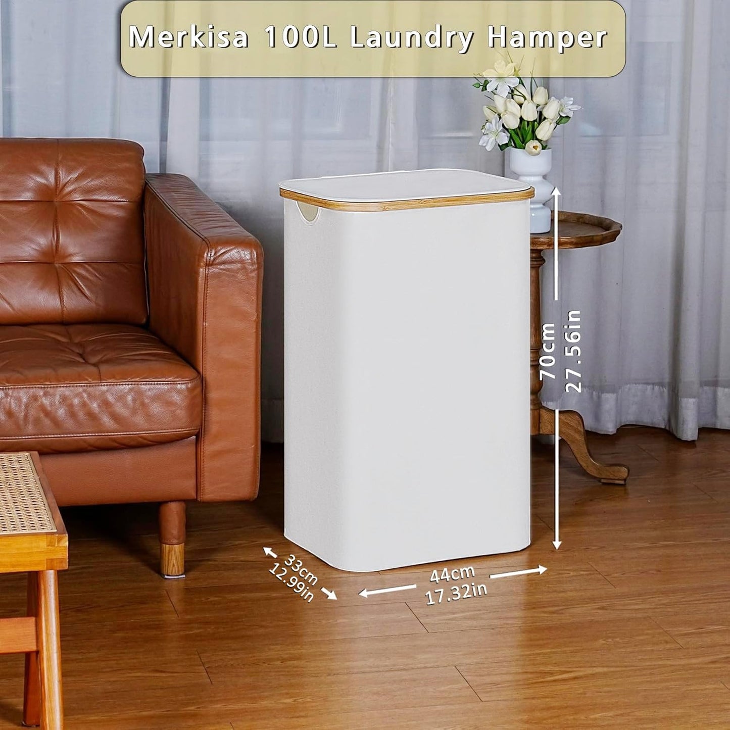 100L Laundry Hamper with Lid, Lagre Basket with Bamboo Handles,Foldable Clothes Hamper Tall Dirty Laundry Basket for Clothes Toys Towels Organizing,Beige