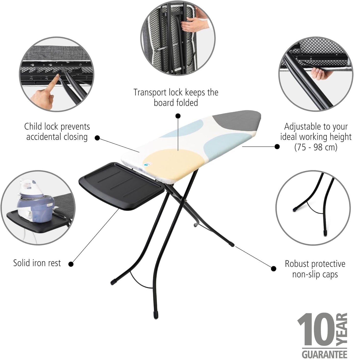 Brabantia - Ironing Board C - Extra Large Steam Iron Rest - Adjustable in Height - Non-Slip Rubber Feet - Cotton Cover with Foam Layer - Foldable XL Unit - Spring Bubbles - 49 x 18 inches