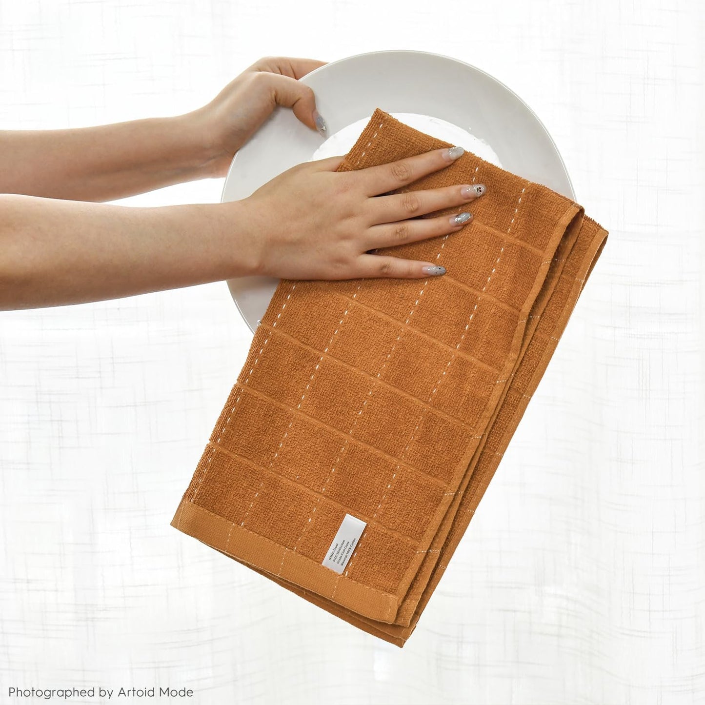 Artoid Mode Checkered Designed Cotton Caramel Orange Terry Kitchen Dish Towels, 15x25 Inch Soft Absorbent Quick Drying Cleaning Tea Towels Set of 4