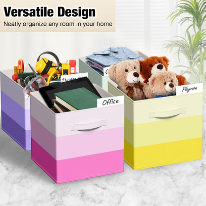 6 Pcs Fabric Storage Cubes Bins with Metal Handle 11 Inch Macaron Colored Striped Style Collapsible Bins Cube Storage Organizer for Clothes Books Kids Room Closet and Toys