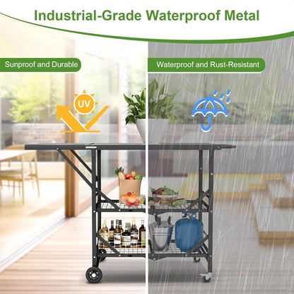Himix Folding Grill Cart, 3 Tier Outdoor Grill Table with Side, 4 Hooks, Pizza Oven Cooking Prep Table, Portable Outdoor Bar Cart Grill Station