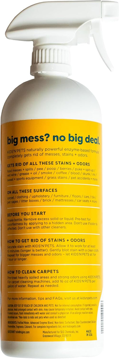 KIDS 'N' PETS Instant All-Purpose Stain & Odor Remover Permanently Eliminates Dog Pee, Cat Urine, Other Smells, Spots from Home Carpet, Couch, Furniture, Mattress, Fabric. Non-Toxic, Child Safe - 27oz
