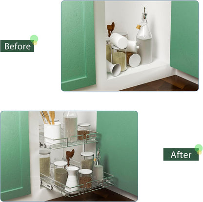 LOVMOR 2 Tier Individual Pull Out Cabinet Organizer 22½" W x 21½" D, Slide Out Kitchen Cabinet Storage Sliding Shelves