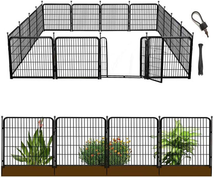 24 in(H) Decorative Garden Fence with Gate,16 Panels Total 31.4 Ft(L) Heavy Duty Iron Animal Barrier Fence for Yard,Suitable for Indoor Pet Or Outdoor Dog Fencing, Garden Border Fence