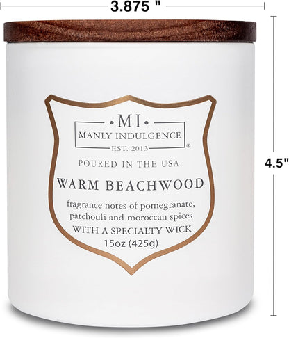 Manly Indulgence Warm Beachwood Scented Candles for Men, 15 oz Wooden Wick, Premium Soy Blend Wax, 60H Burn, Candles for Home Scented - Made in The USA