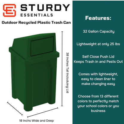 32 Gallon Square 100% Recycled Plastic Heavy Duty Outdoor Trash Can with Push Lid - Great for Schools and Businesses - Green