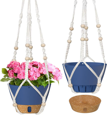 ZMTECH 2 Pack 10 Inch Blue Hanging Planters with Macrame Plant Hanger for Indoor and Outdoor Plants, Self Watering, Drainage Hole, Visible Level Tray