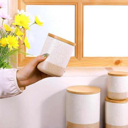 Yangbaga Canister Sets for Kitchen Counter, 20 OZ Large Ceramic Food Storage Jars with Airtight Wood Lids, Large Kitchen Canisters for Coffee, Sugar, Tea, Flour, Spice