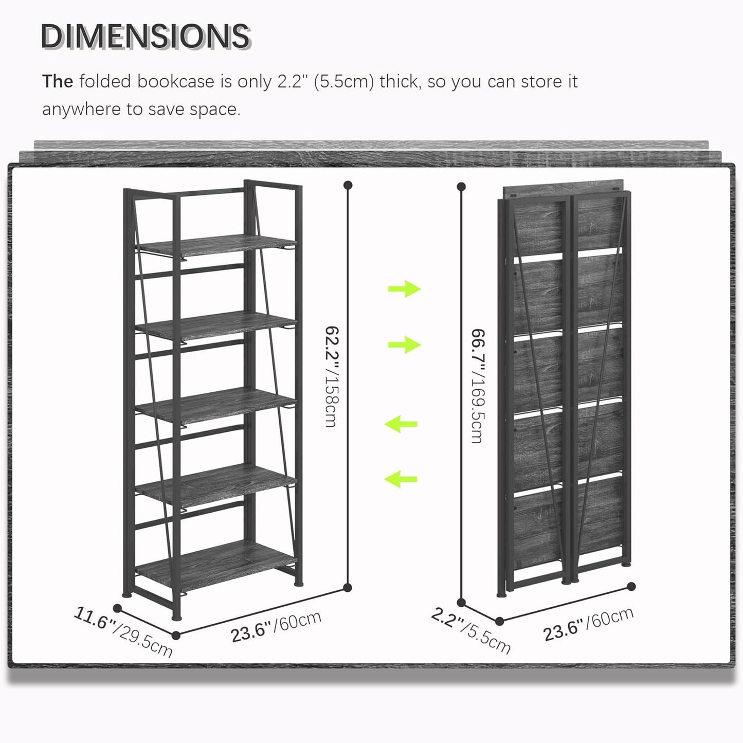4NM No Assembly Foldable Bookshelf, 5-Shelf Collapsible Bookcase Storage for Small Spaces, 62.2" H, Gray and Black