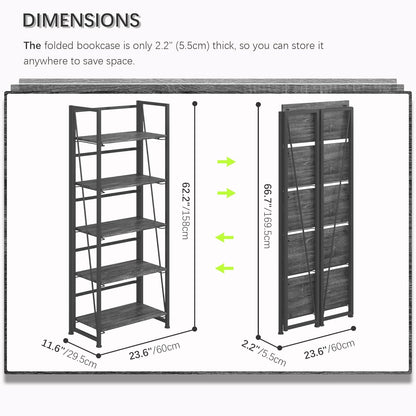 4NM No Assembly Foldable Bookshelf, 5-Shelf Collapsible Bookcase Storage for Small Spaces, 62.2" H, Gray and Black