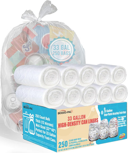 33 Gallon Trash Bags, 250 Count Bulk, Heavy Duty Clear Plastic Recycling Garbage Bags, Multi-purpose Can Liners for Business Home Commercial, Industrial Contractors, Storage & Outdoor