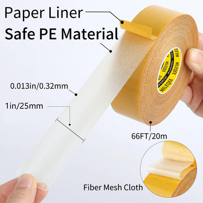 Double-Sided Tape Strong and Tough, 1in x 66FT(20m), Durable Duct Cloth Carpet Rugs Fiberglass Mesh Tape, High Stickiness 2 Sided, Multipurpose Removable Residue-Free, Easy Tear