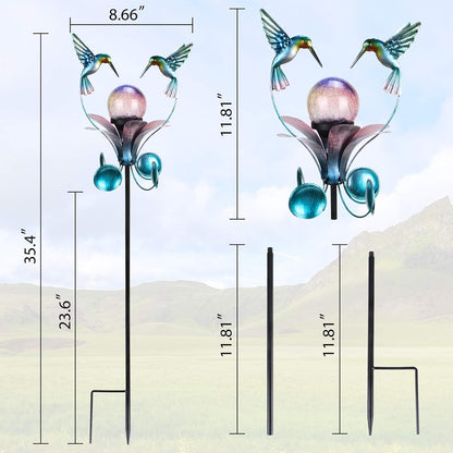 VCUTEKA Solar Lights Outdoor Metal Garden Stake Waterproof Crackle Glass Globe Garden Decor Hummingbird for Pathway, Lawn, Patio, Yard