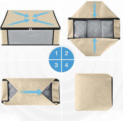 HomeHacks Storage 6-Pack Clothes Organizer Storage Bags Foldable Storage Box with Large Clear Window Sturdy Handles for Closet, Dorm, Pillows, Bedding, Clothes, Blankets, 35L, Beige