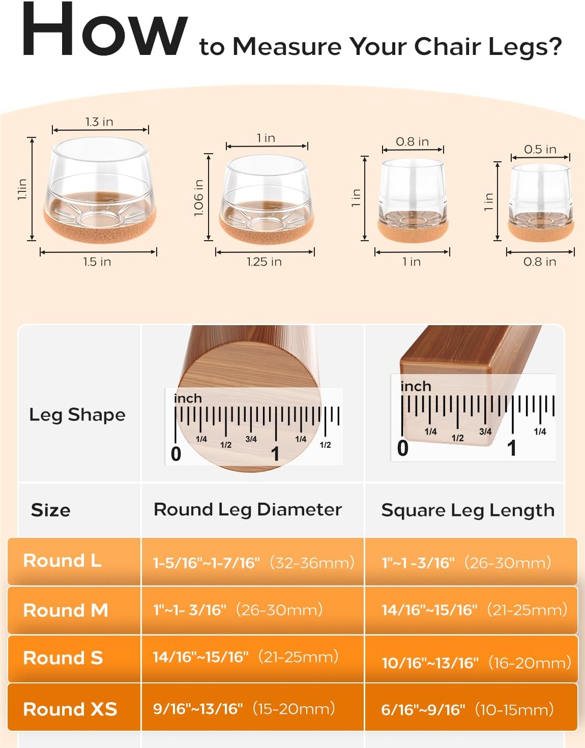 24-Pack Silicone Chair Leg Floor Protectors for Hardwood Floors -Felt Furniture Pads, Rubber Chair Leg Covers/Caps - No Noise & Scratch-Proof - Round Large (Fits 1 5/16"-1 7/16" / 32-36mm), Clear
