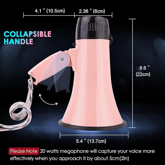 MyMealivos 20w Megaphone Speaker Portable Voice Changer Bullhorn with 6 Different Sound Effects & Built-in Siren and Record & Adjustable Volume Loud Speaker for Outdoor Sports, Party-Pink