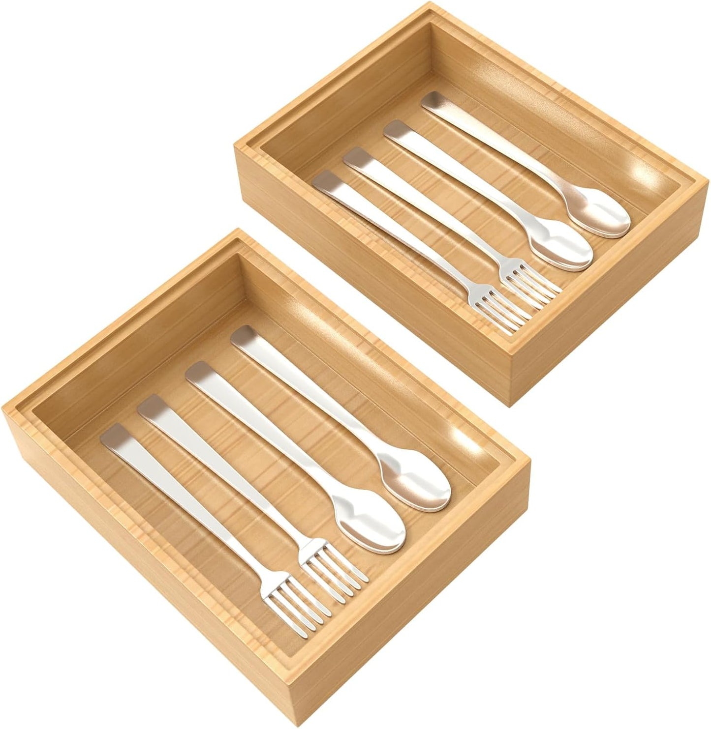 Bamboo Drawer Organizer, 2PCS Stackable Storage Boxes for Utensil Organizer, Wood Tray for kitchen, Bathroom and Bedroom 9" x 6" x 2"