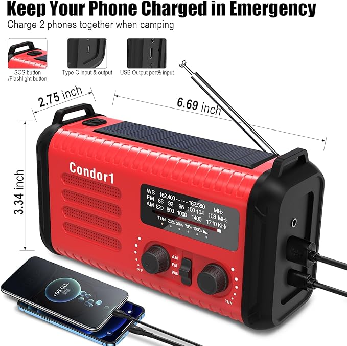 Emergency Weather Radio, 20000mAh Solar Hand Crank NOAA AM FM Radio, Battery Powered, SOS Alarm, LED Reading Lamp & Flashlight for Home Hurricane Outdoor Survival (Red)